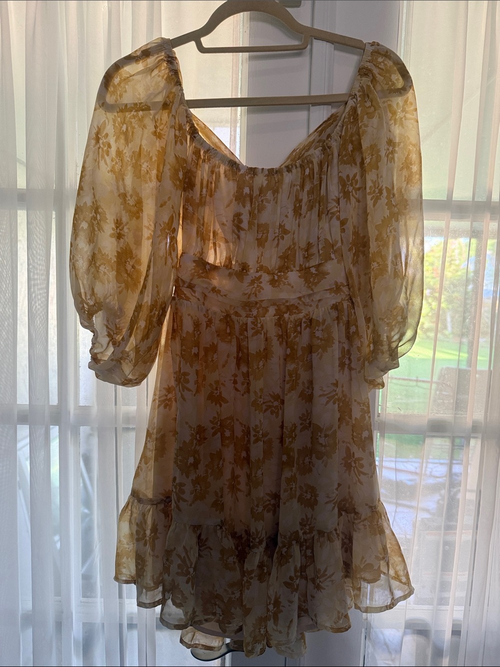 Sheer Floral Puff-Sleeve Mini Dress in Yellow Floral Print